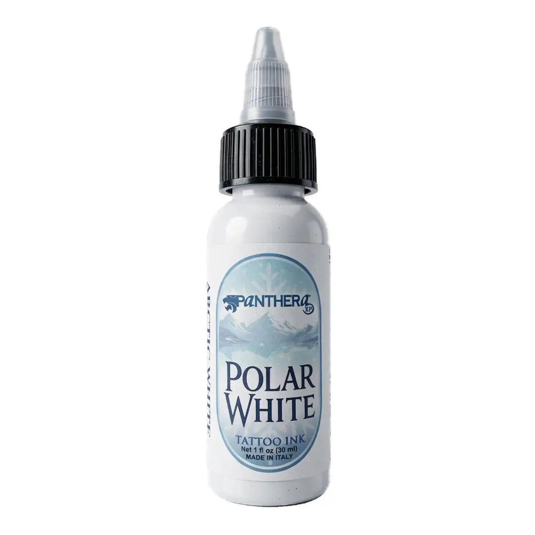 A sleek white plastic bottle of Panthera Polar White tattoo ink with black ribbed cap and transparent dropper tip, 30 ml