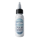 A sleek white plastic bottle of Panthera Polar White tattoo ink with black ribbed cap and transparent dropper tip, 30 ml