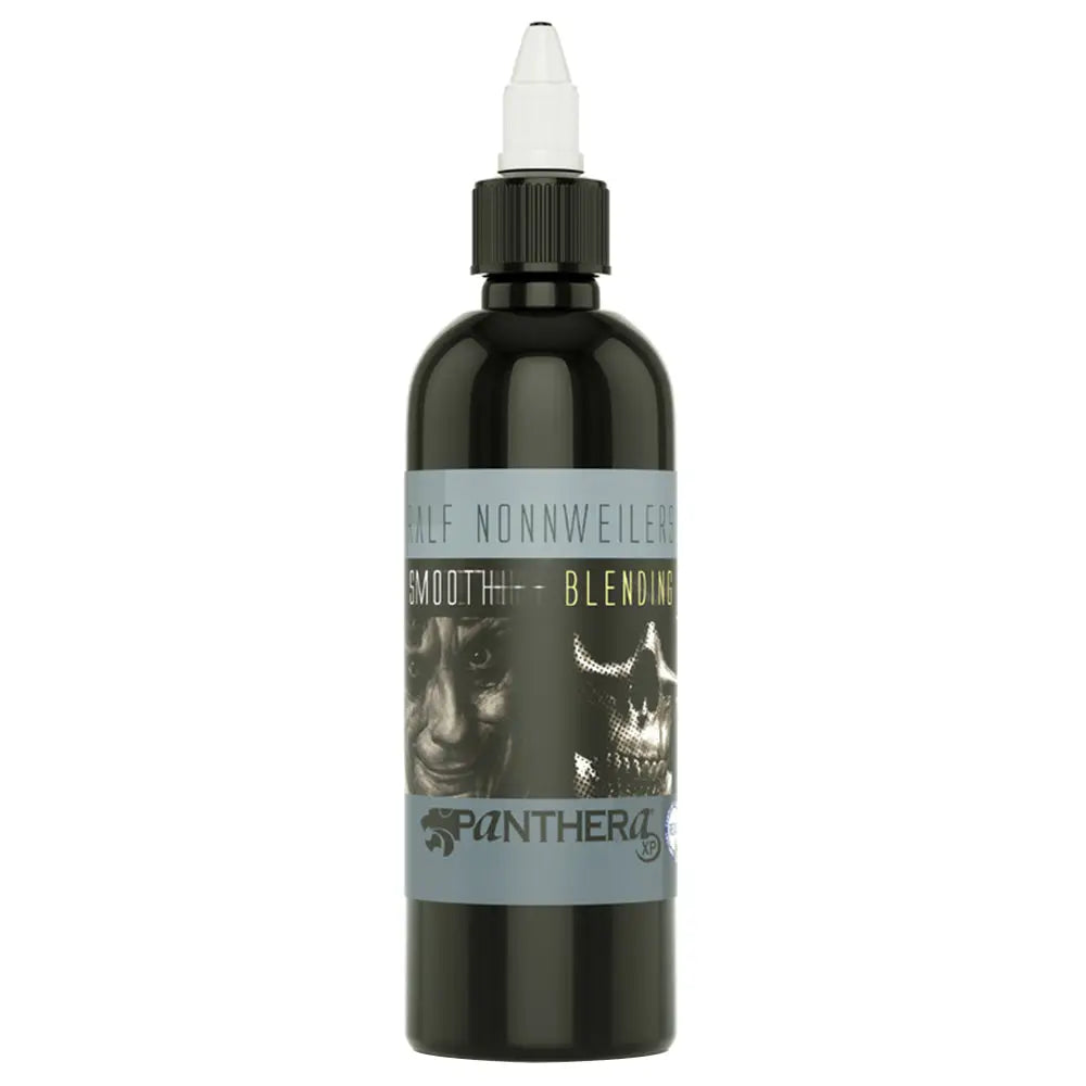 Black glass tattoo ink bottle panthera xp with white dropper cap and gray skull label 150 ml for smooth blending
