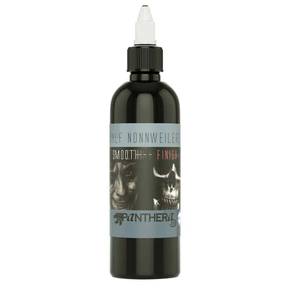 Black plastic bottle with white dropper cap labeled alf nonweiler smooth finish by panthera 150 ml product
