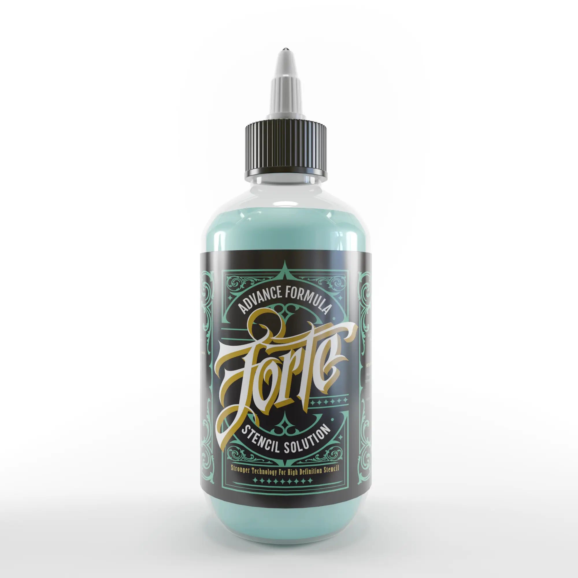Eine klare Plastikflasche mit panthera stencil forte 250ml, schwarzem Deckel, silberner Düse und helltürkiser Stencil-Lösung
