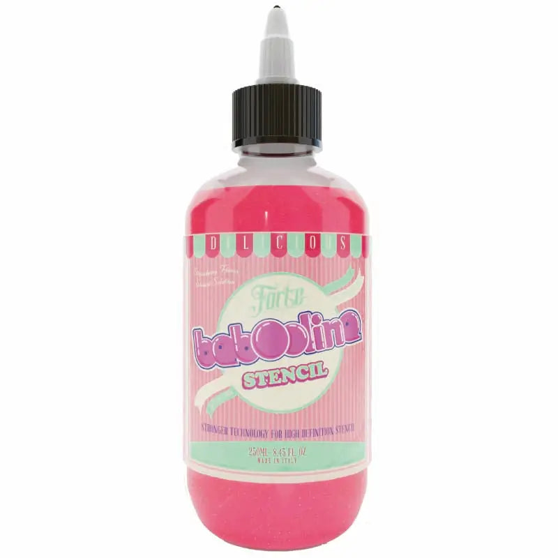 Pink liquid-filled panthera stencil forte baboolina 250ml bottle with black ribbed cap and colorful label