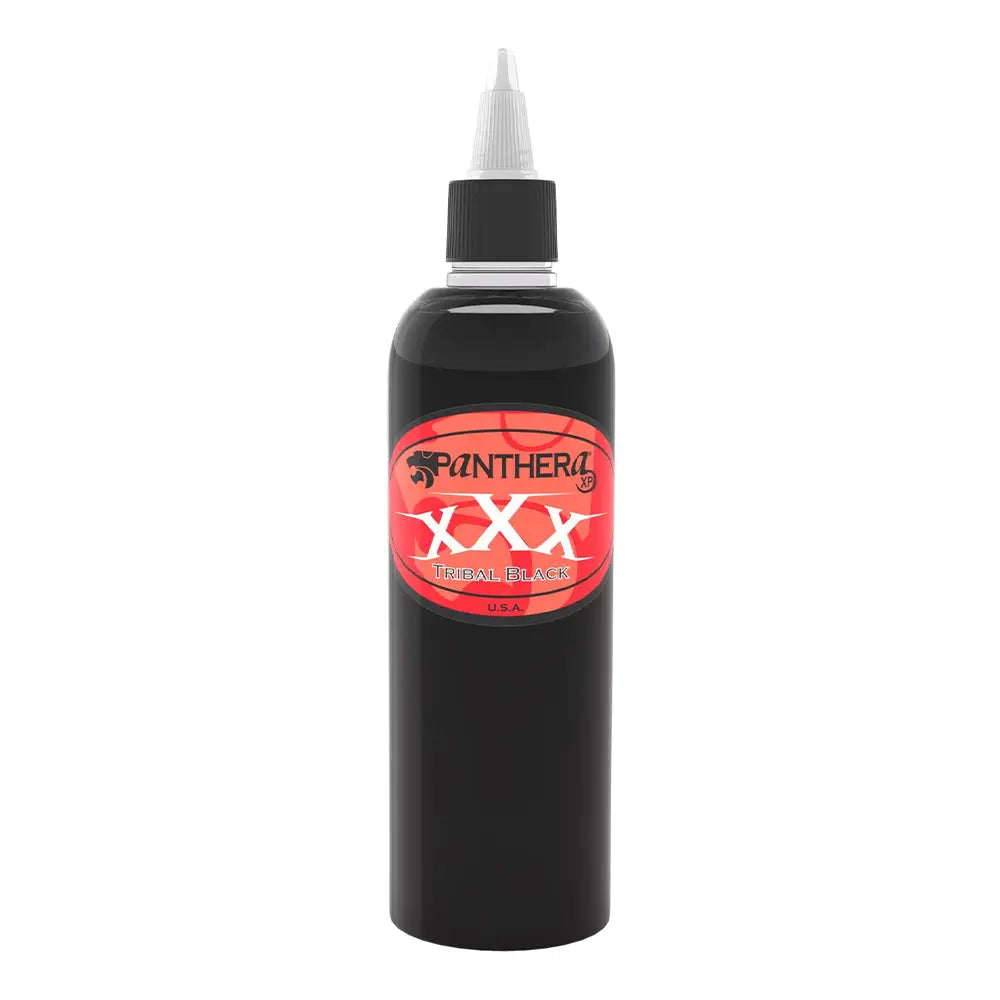Black panthera tribal xxx drawing ink bottle with black tribal ink, white dropper cap, and red label