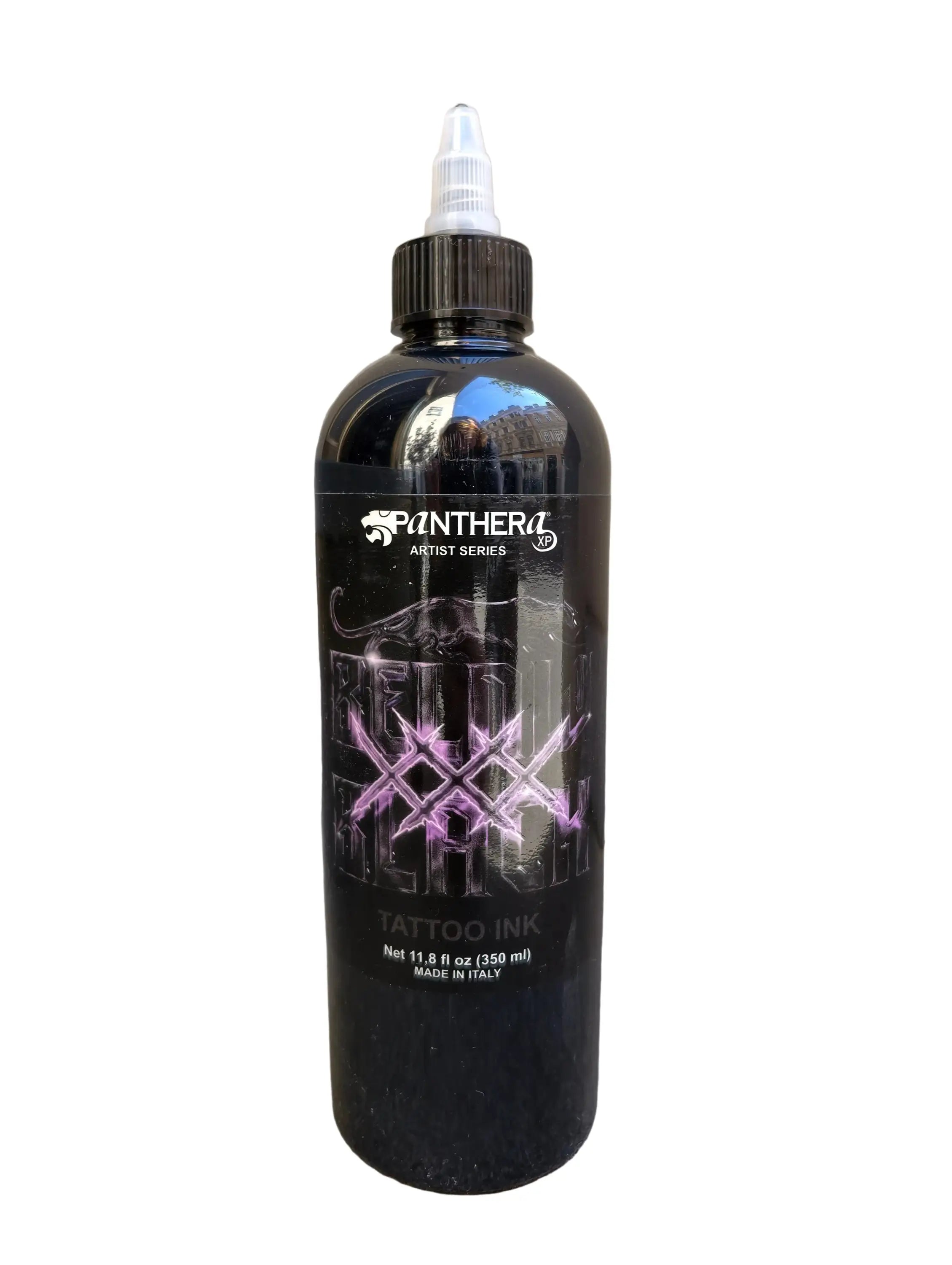 Black Panthera artist series tattoo ink bottle in purple and silver metallic with black cap and white nozzle for tribal drawing ink
