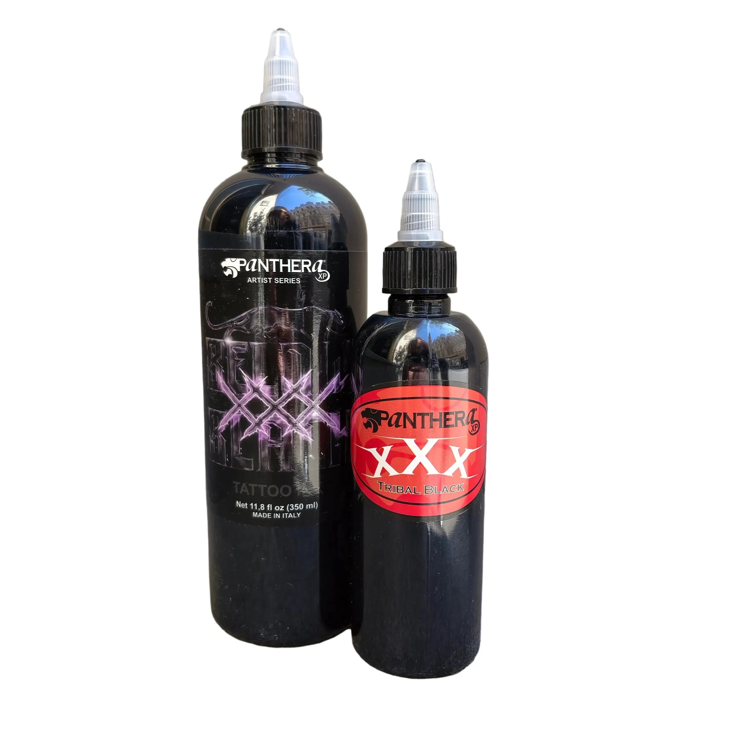 Two black plastic bottles of panthera tattoo ink in tribal xxx black and artist series with purple tribal design and clear caps