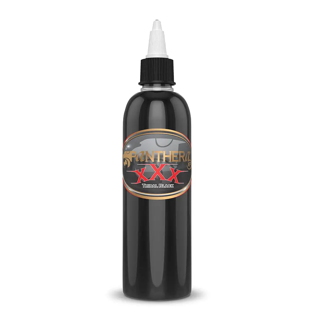 Black panther xxx tribal black tattoo ink bottle with glossy finish and white dropper cap for professional use