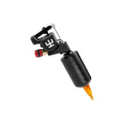 Black tattoo machine with red and gold handle and orange needle tip featuring the PEAK Forge wireless battery grip
