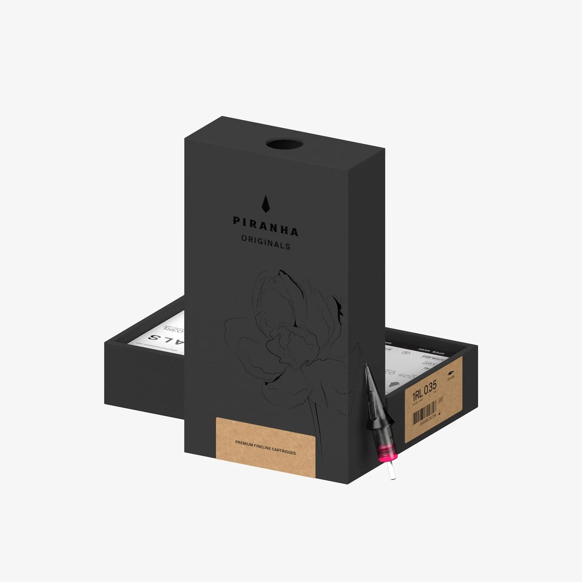 Black PIRANHA Originals Tattoo-cartridge-Box mit Fine-Line-Premium CARTRIDGES und geprägtem Blumenmuster mit beigem Etikett