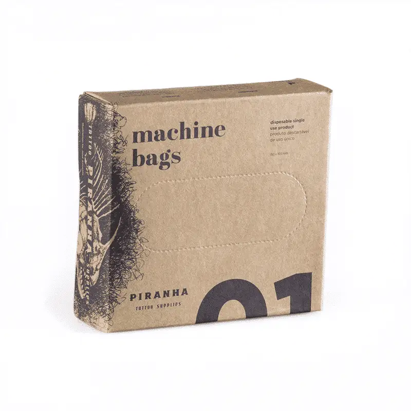 Brown cardboard machine bags box by piranha tattoo supplies with black piranha ink illustration on side