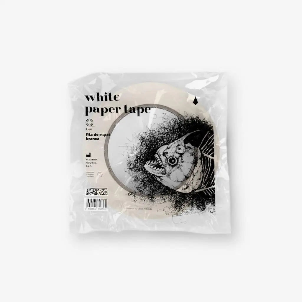 A roll of white paper tape in clear plastic packaging with a black-and-white PIRANHA fish illustration on the label