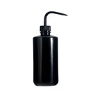 Black plastic rinse wash squeeze bottle with curved nozzle and ribbed cap for easy dispensing