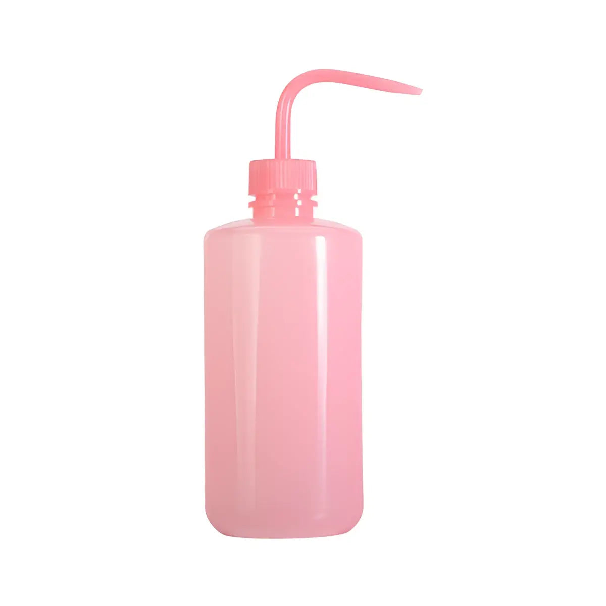 Pink plastic rinse wash squeeze bottle with curved spout and screw-on cap for easy watering and rinsing