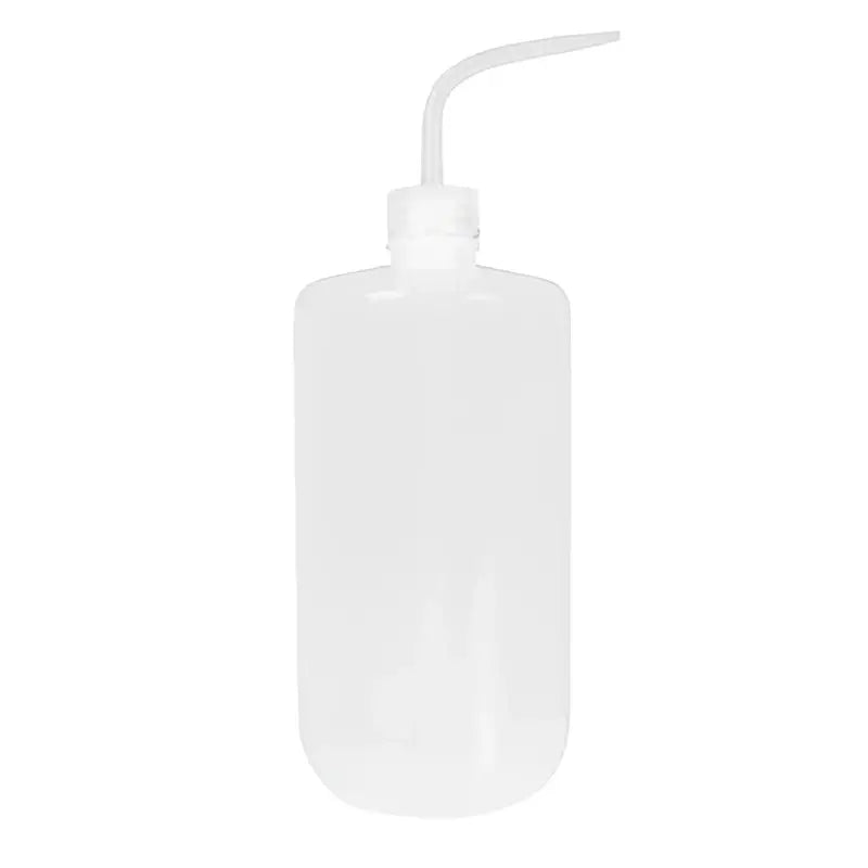 Clear plastic rinse wash squeeze bottle with white nozzle and curved spout transparent material for easy use