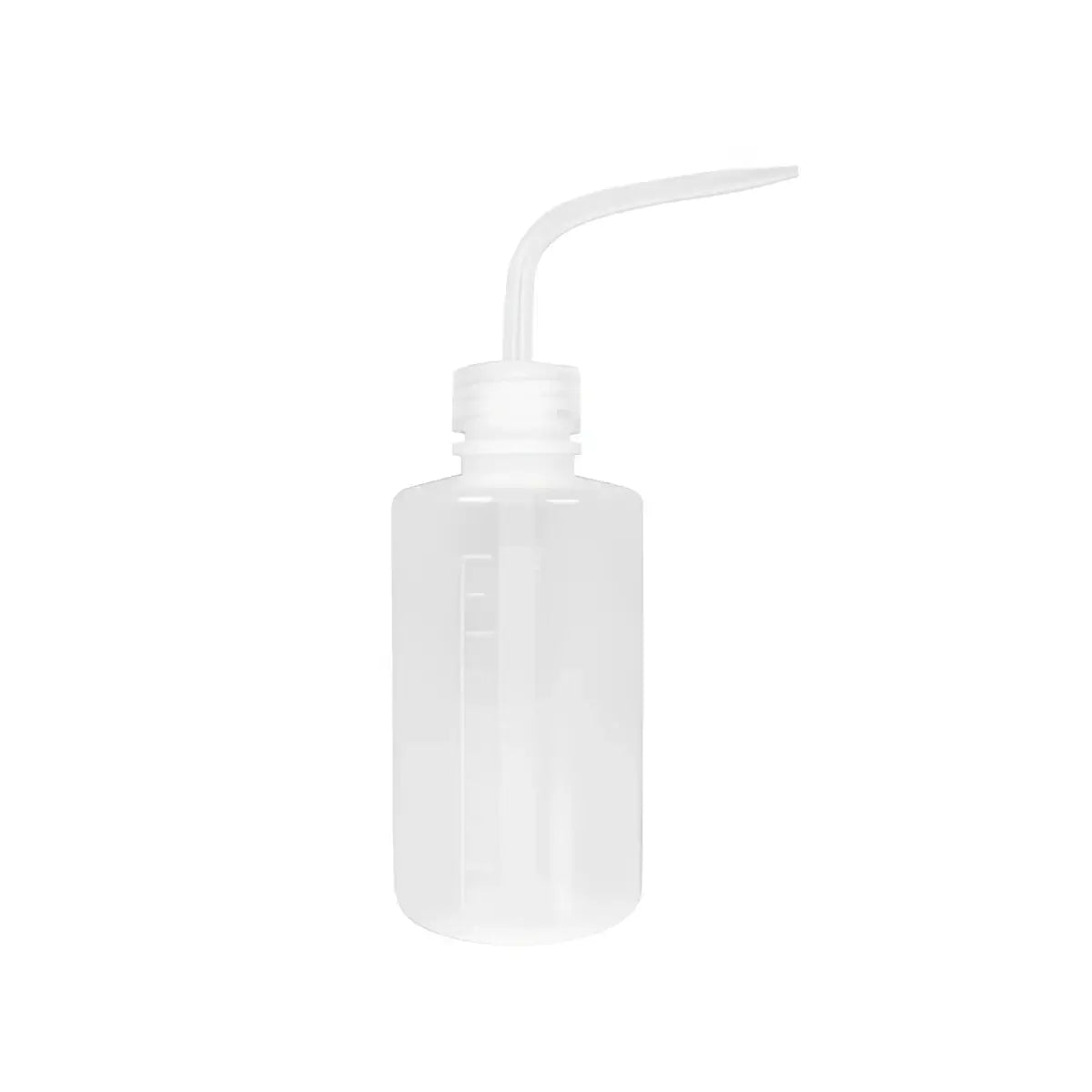 Transparent plastic rinse wash squeeze bottle with curved nozzle and measurement markings on the side