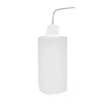 White plastic rinse wash squeeze bottle with curved spout and screw-on cap transparent design