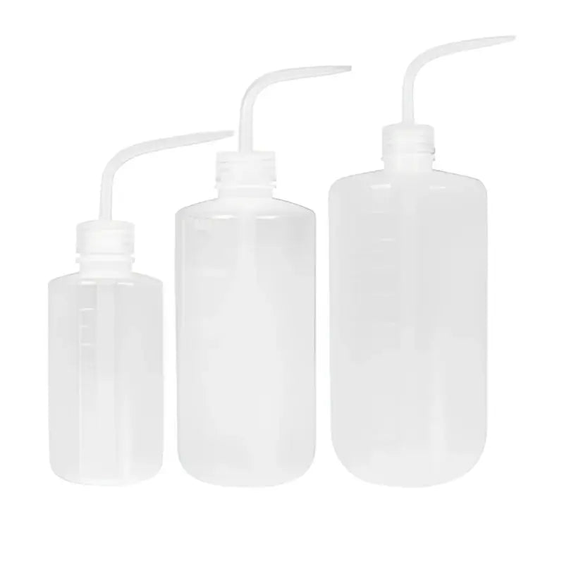 Three translucent transparent plastic rinse wash squeeze bottles with curved spouts in small to large sizes