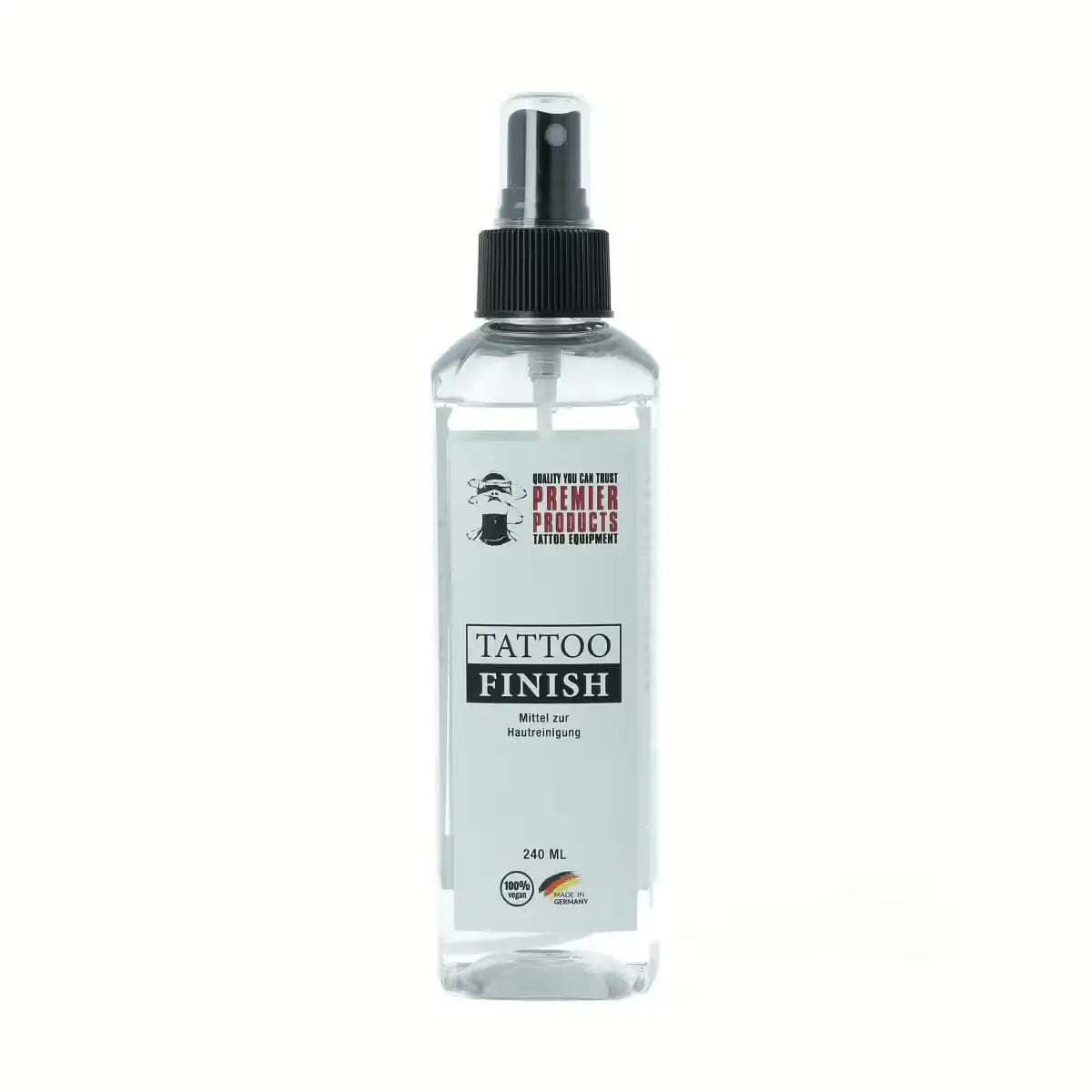 Clear plastic 240ml spray bottle with black nozzle labeled tattoo finish by Premier Products tattoo equipment