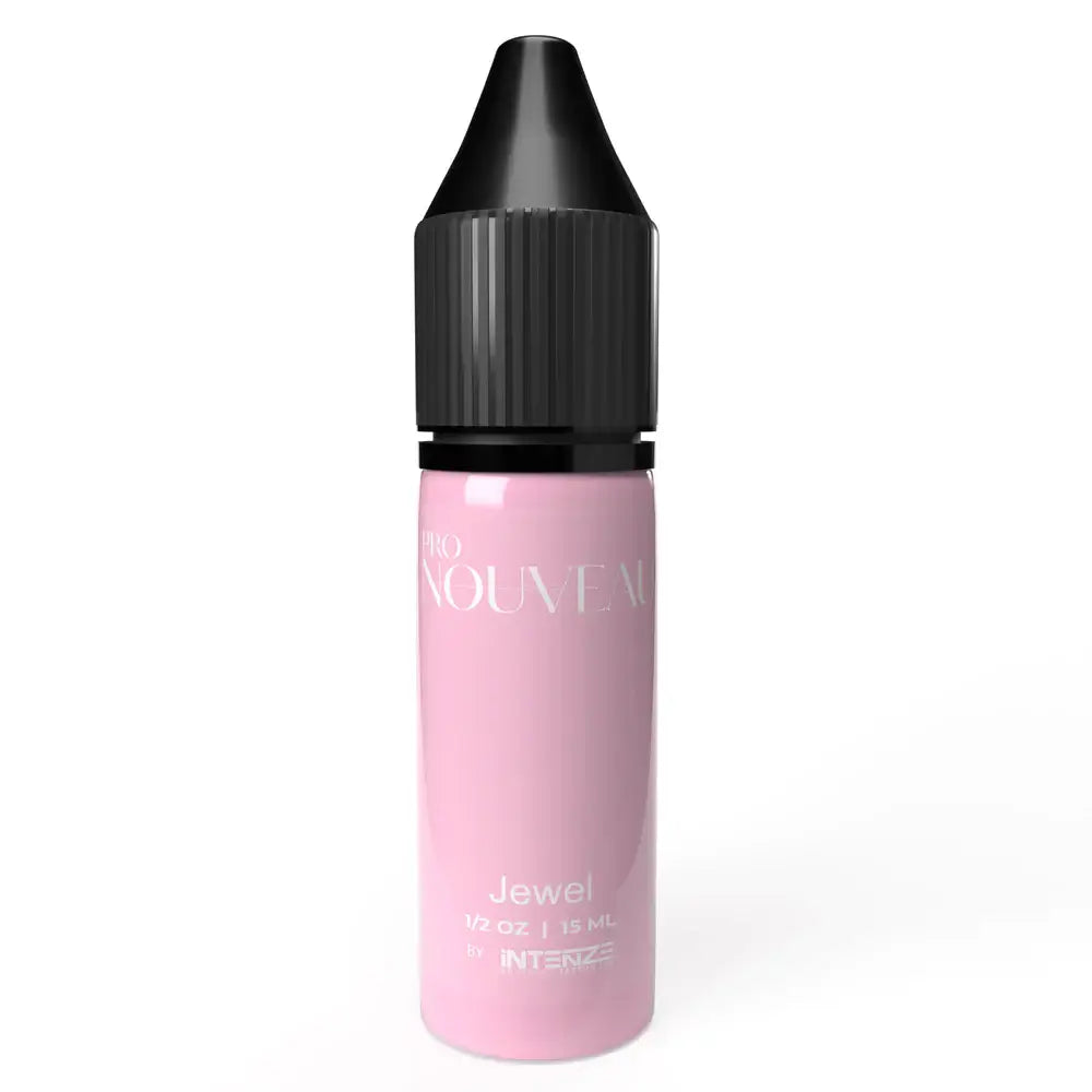 A sleek translucent pink bottle of pro nouveau blush collection pmu pigment with black cap labeled intenze jewel e-liquid