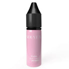 A sleek translucent pink pmu pigment bottle with a black ribbed cap and silver nouveau katie lettering by intenses