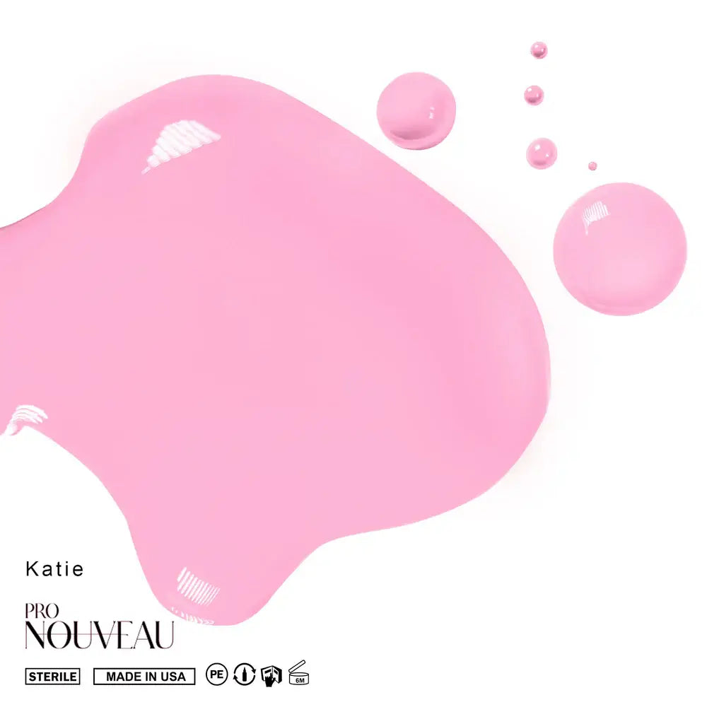 A vibrant pink glossy liquid nail polish spill labeled katie from pro nouveau blush collection pmu pigment