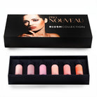 Black rectangular box containing six pro nouveau blush collection bottles in pink and peach shades with black caps
