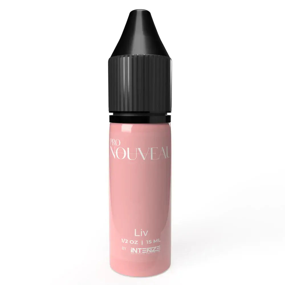 A sleek translucent pink blush collection pmu pigment bottle with a black cap labeled pro nouveau liv 1/2 oz 15 ml by Intenz