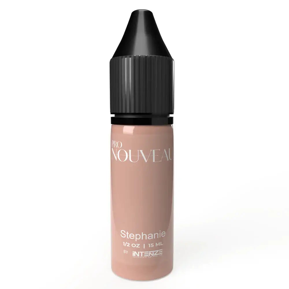 A sleek 15 ml bottle of Intenze pro nouveau Stephanie liquid makeup in soft peachy nude with black ribbed dropper cap