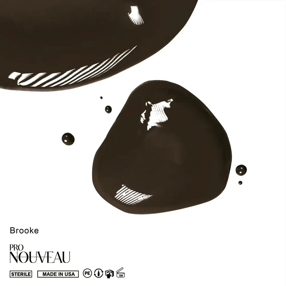 Dark brown glossy pmu pigment droplets with white feather and striped patterns for brows by pro nouveau
