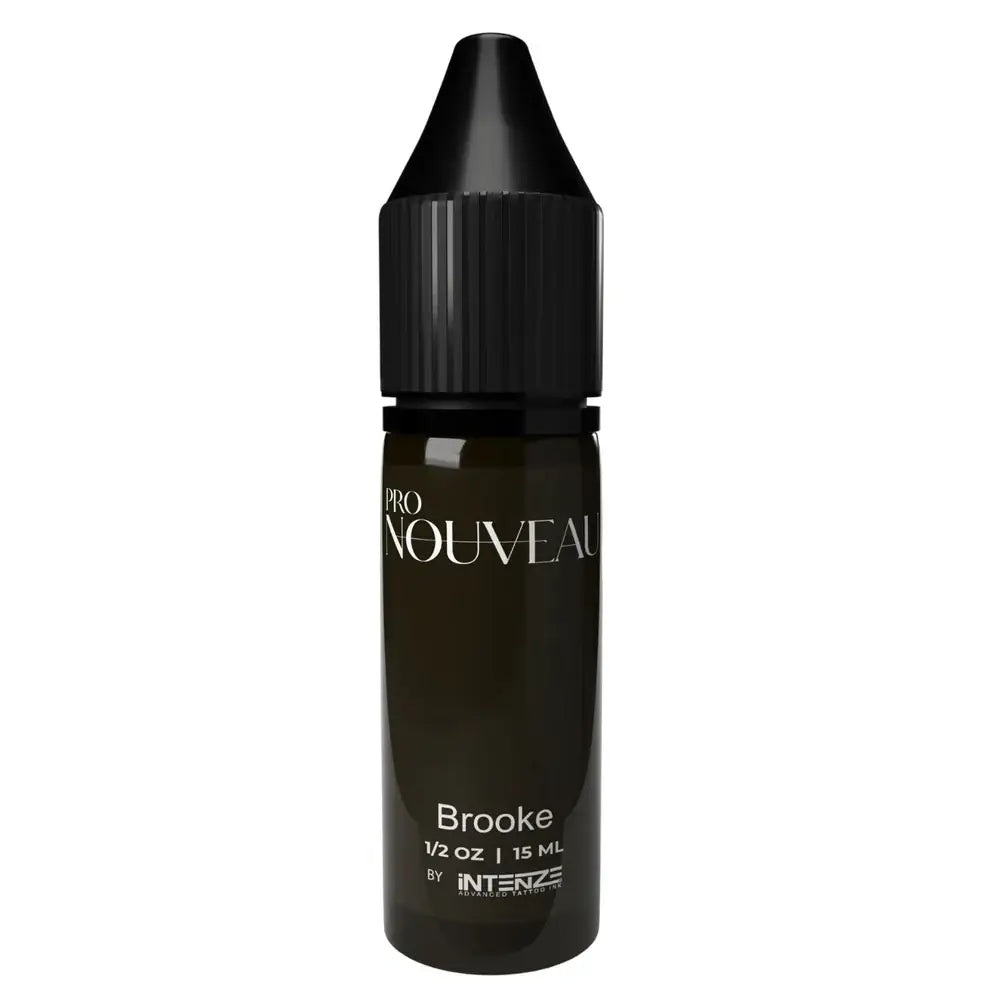Black glass bottle with black ribbed cap labeled pro nouveau brooke 1/2 oz pmu pigment by intenze for brows collection