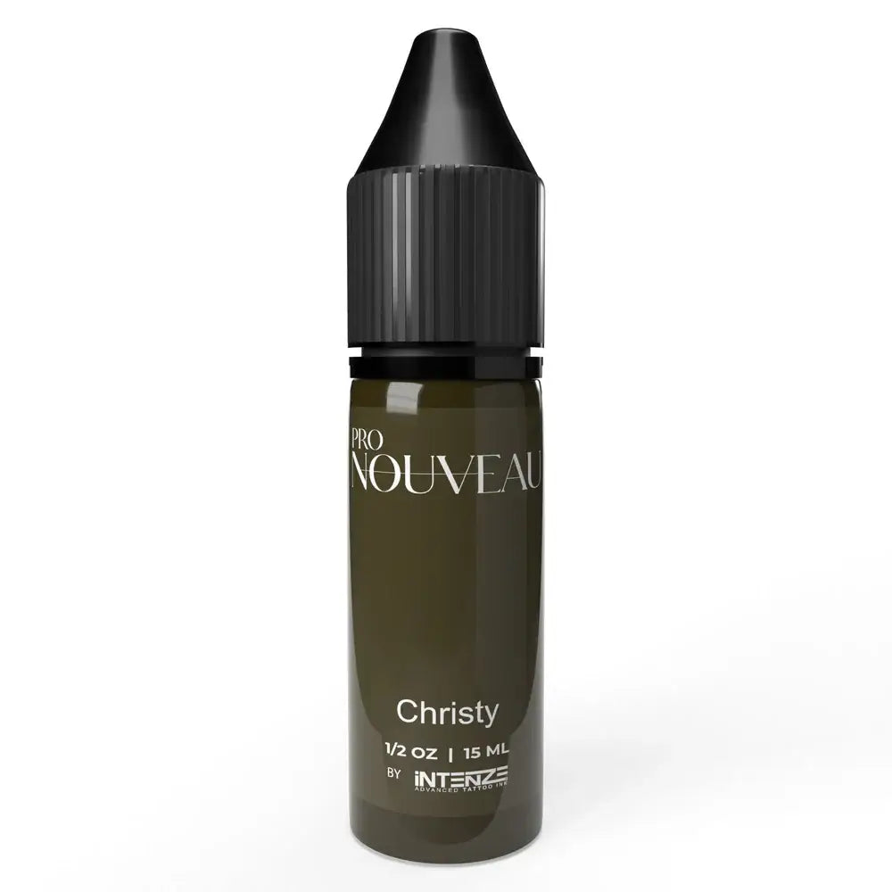 Dark olive-green glass bottle with black ribbed cap labeled pro nouveau christy by intenze for PMU pigment brows collection