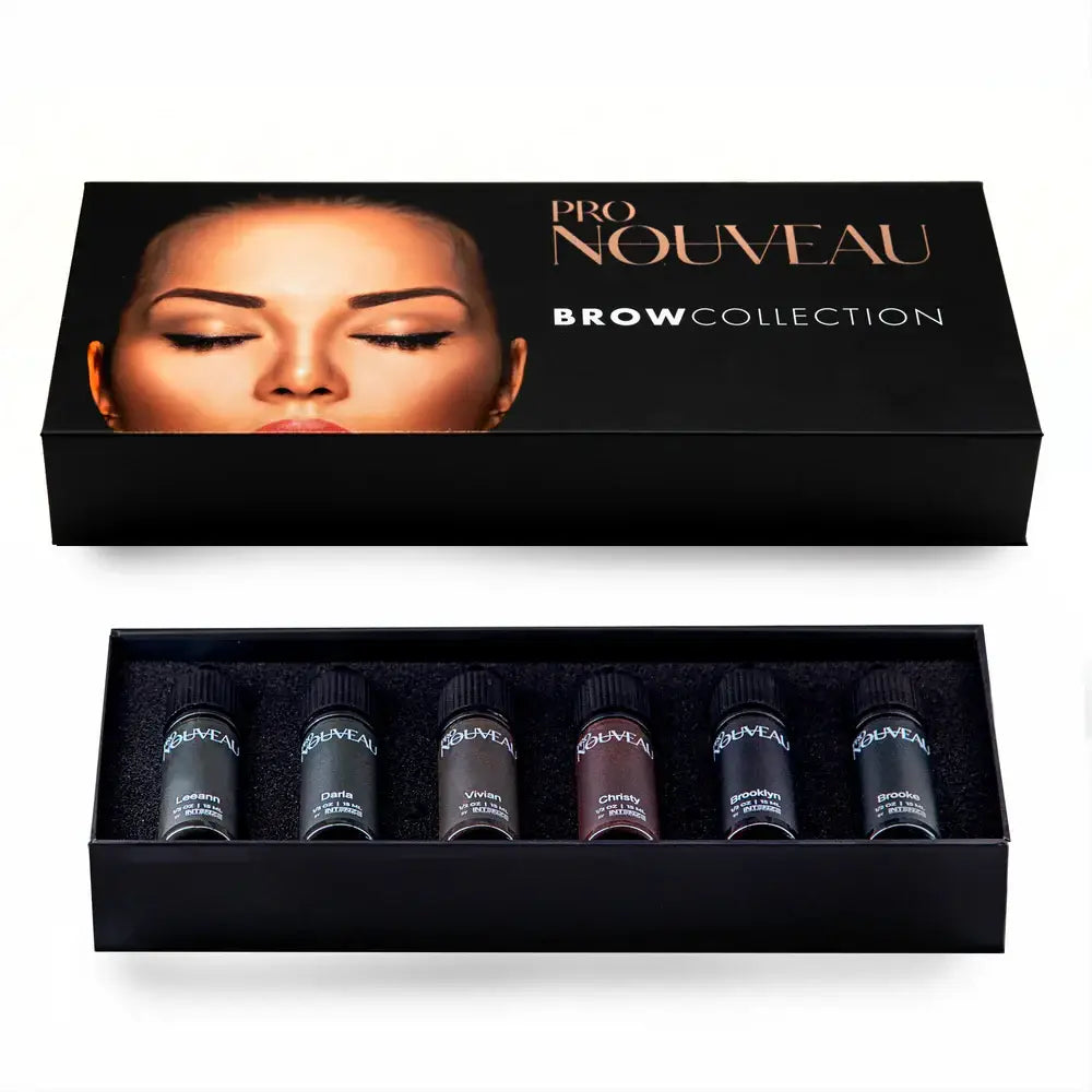 Black rectangular box with six pro nouveau brow collection eyebrow tint bottles in various shades for pmu pigment darla