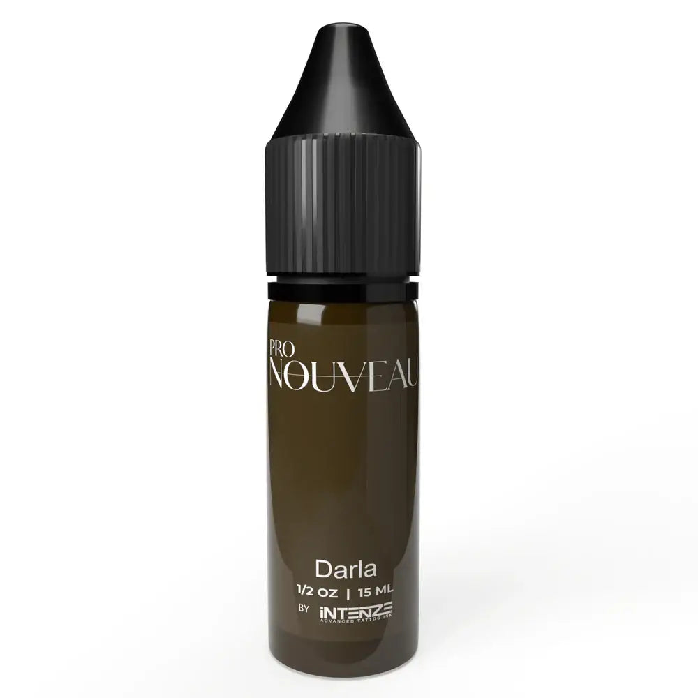 A sleek dark brown glass bottle of pro nouveau darla pmu pigment with black cap and white label by intenze