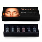 Black rectangular box with six small pro nouveau brow collection eyebrow tint bottles in various shades by leeann