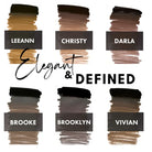 Elegant defined brows collection makeup palette featuring six rich brown to black PMU pigment shades by Leeann