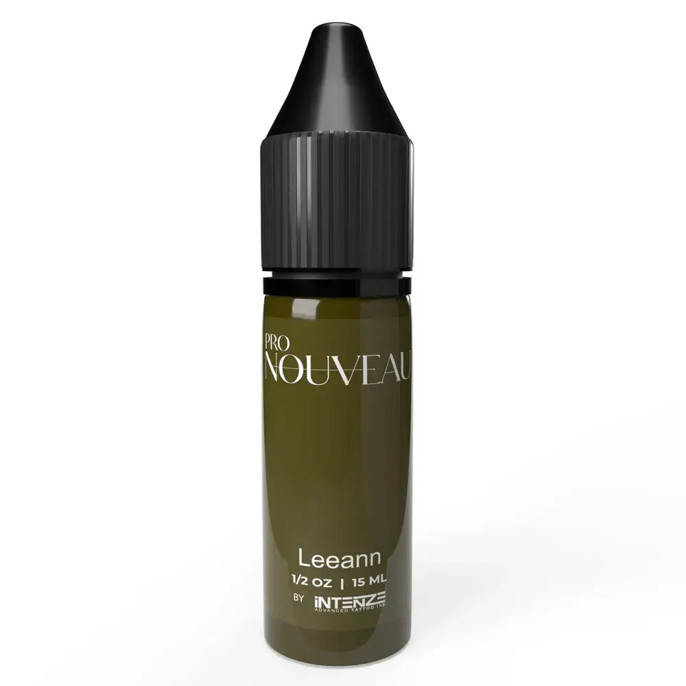 Olive-green glass bottle with black cap labeled pro nouveau by intenze for pro nouveau brows collection pmu pigment