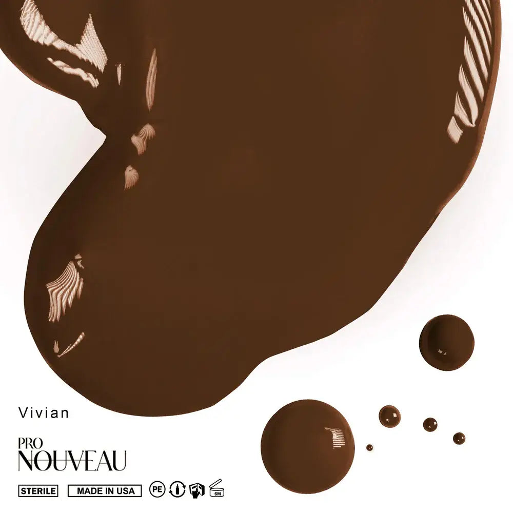 A rich glossy chocolate brown pmu pigment paint splatter with smooth viscous texture and subtle white feather patterns