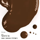 A rich glossy chocolate brown pmu pigment paint splatter with smooth viscous texture and subtle white feather patterns