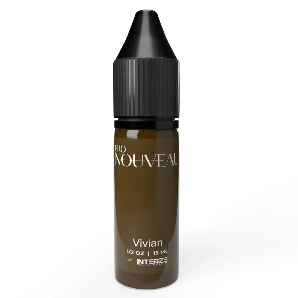 A sleek dark brown glass bottle with black ribbed cap and white pro nouveau vivian label by Intenze for brows pigment