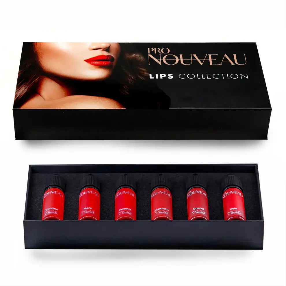Schwarze rechteckige Box mit sechs roten zylindrischen PRO NOUVEAU Lippenkollektion-Lipgloss-Flaschen mit schwarzen Verschlüssen