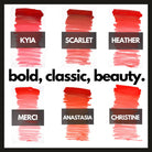 Sechs kräftige rote Lippenstiftfarben: Kyia, Scarlet, Heather, Merci, Anastasia und Christine aus der PRO NOUVEAU Lips-Kollektion, PMU-Pigment