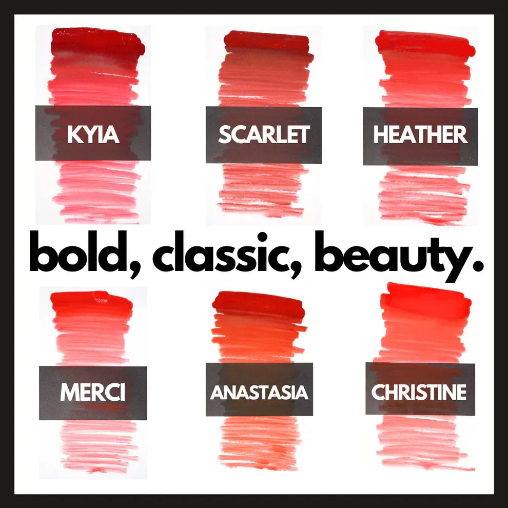 Six kräftige rote Lippenstiftfarben Kyia, Scarlet, Heather, Merci, Anastasia und Christine aus der PRO NOUVEAU Lippenkollektion PMU-Pigment