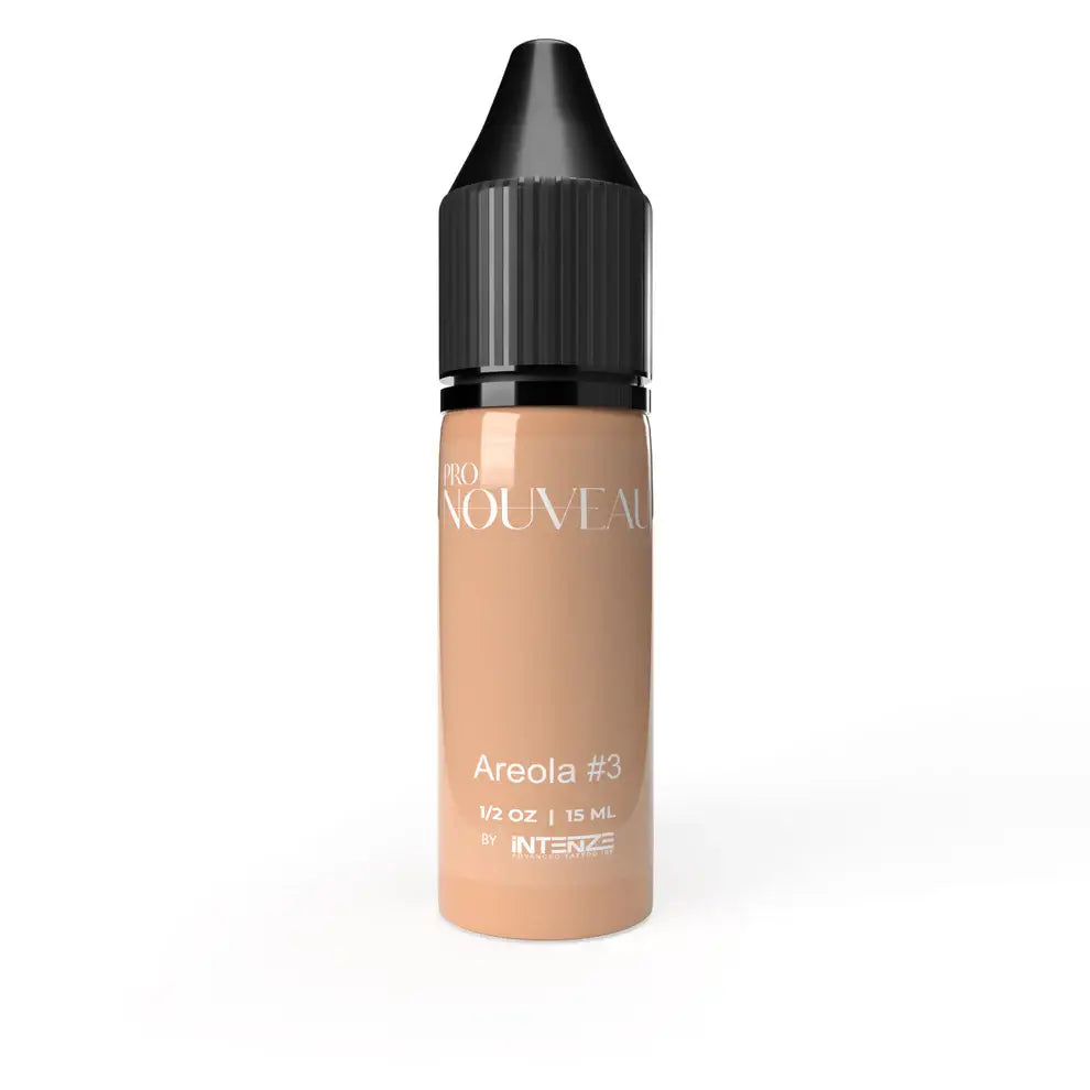 Eine elegante 15-ml-Flasche der intenza PRO NOUVEAU Areola #3 Flüssigfoundation in warmem Beige mit schwarzem geriffeltem Verschluss