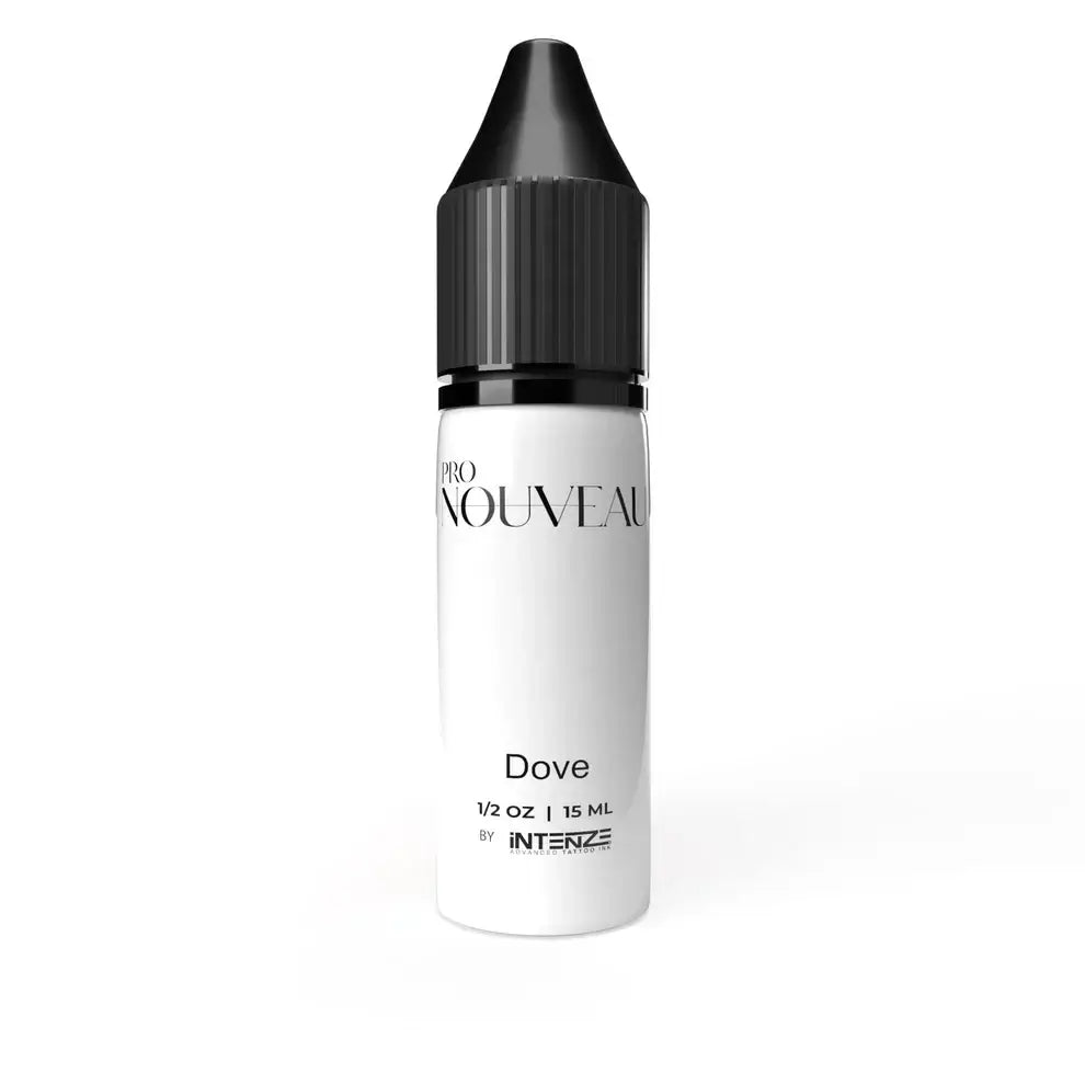 A sleek white PMU-Pigmentflasche mit schwarzem Deckel, beschriftet mit PRO NOUVEAU Dove 1/2 oz 15 ml von INTENZE