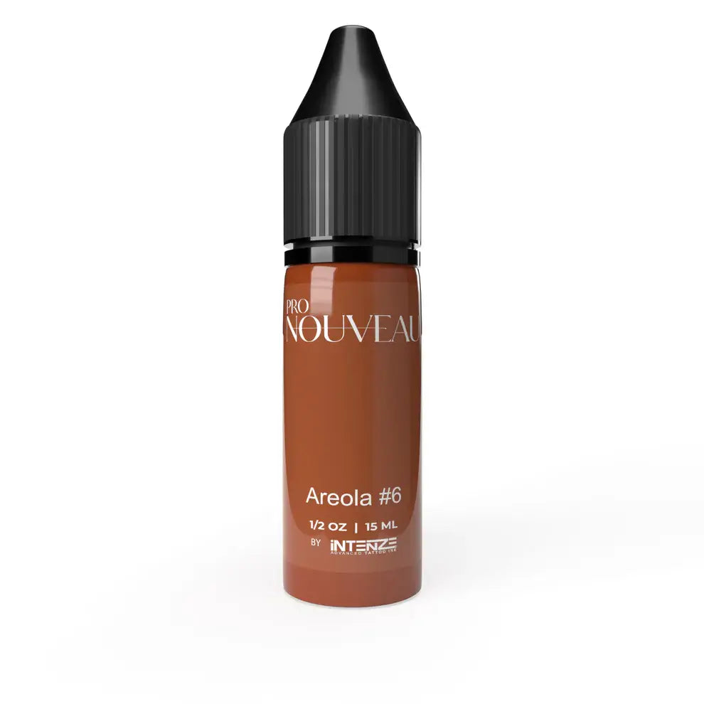 Eine elegante 15 ml-Flasche pro nouveau pmu Pigment-Areola-Tattoofarben in sattem Braun mit schwarzem, geriffeltem Deckel