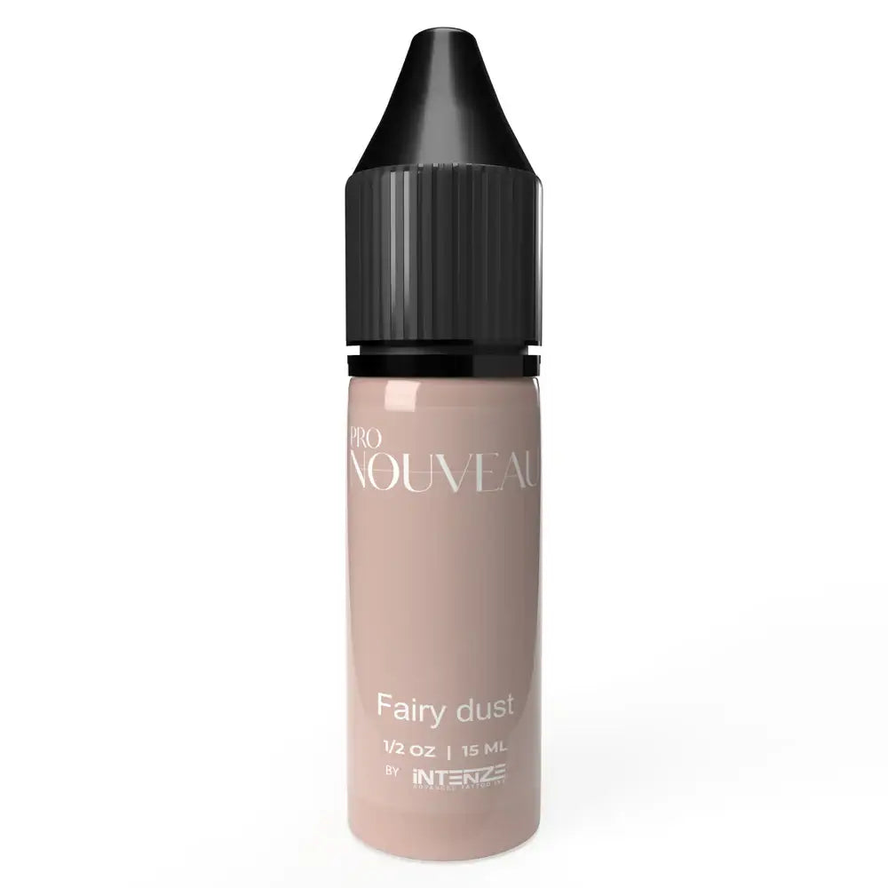 A sleek translucent peach-colored liquid bottle with black ribbed cap labeled fairy dust by intenze for pmu nipple pigment