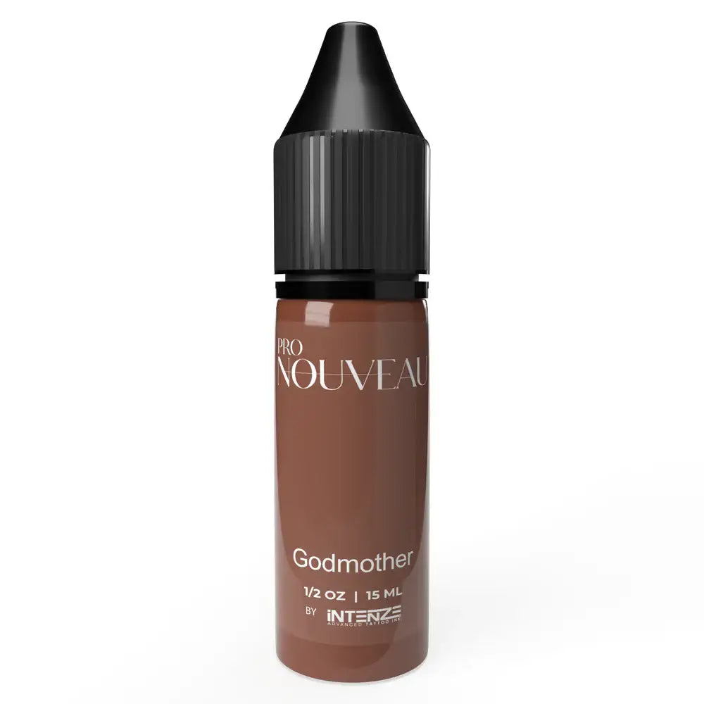 A sleek 15 ml brown glass bottle with black dropper cap and minimalist white label for pro nouveau pmu pigment nipple fairy godmother