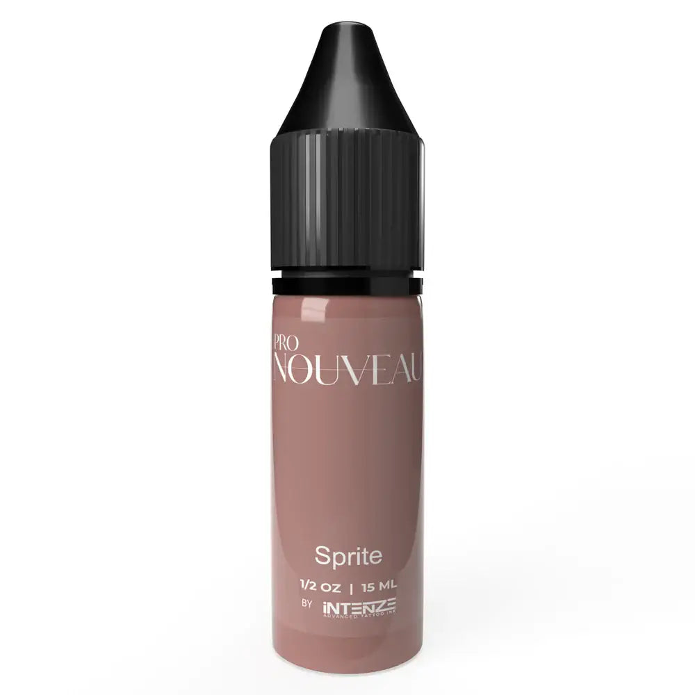 A sleek transparent bottle of pro nouveau PMU pigment nipple fairy sprite with matte brown liquid and black ribbed cap