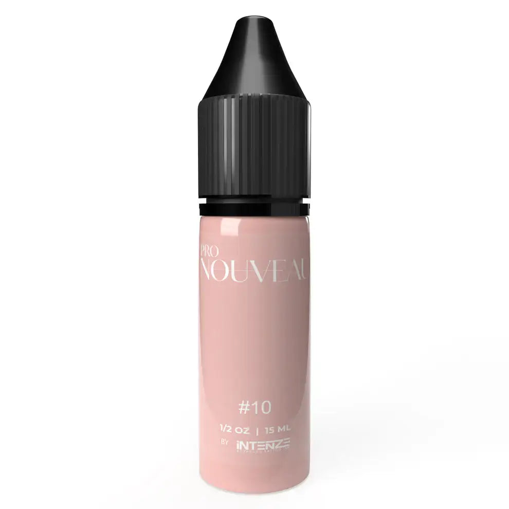 Eine elegante, halbtransparente rosa PRO NOUVEAU PMU-Pigmentflasche mit schwarzem geriffeltem Deckel von INTENZE Nou Tones 10