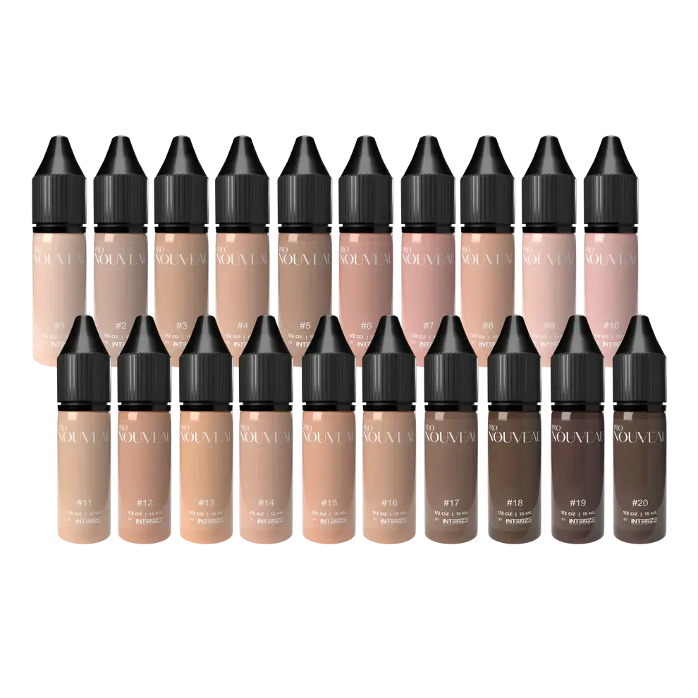 Eine Kollektion von zwanzig PRO NOUVEAU PMU Pigment-Foundation-Flaschen mit schwarzen Kappen in Hauttönen