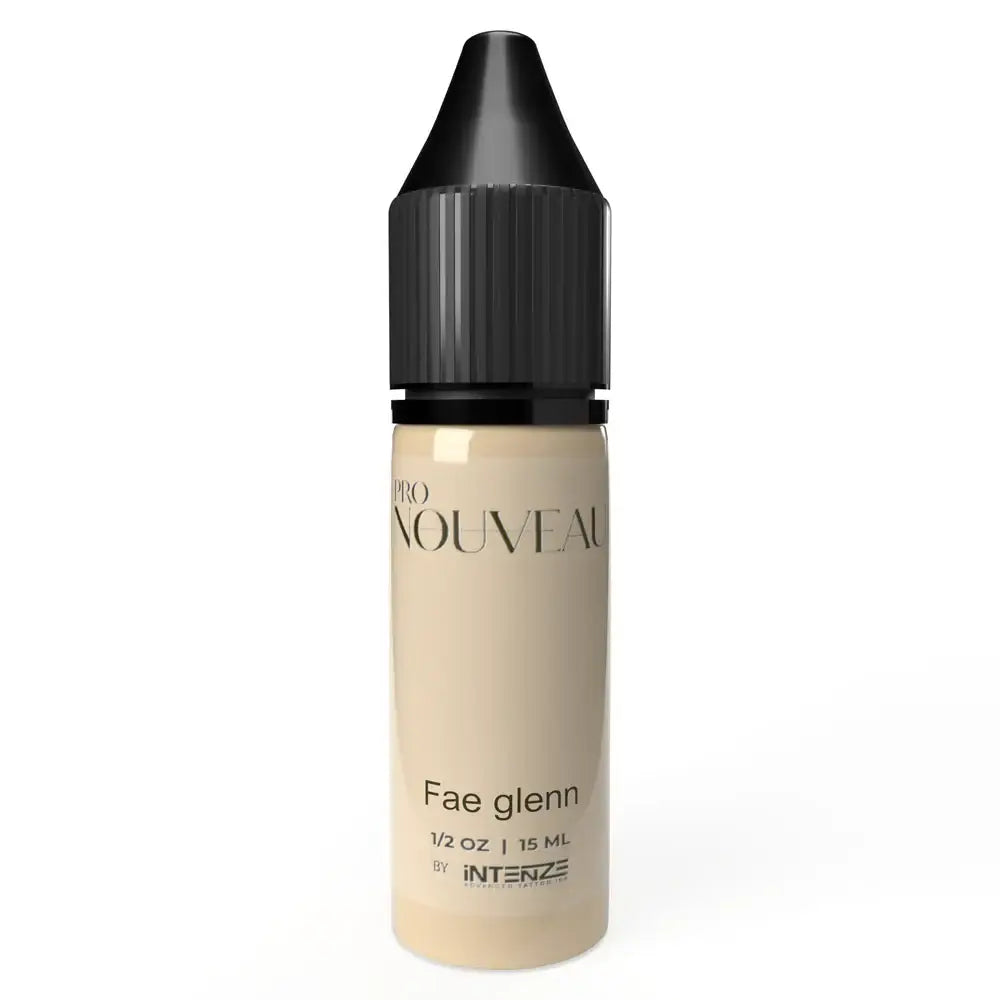 A sleek 15ml bottle of pro nouveau fae glenn liquid makeup in creamy beige with a black ribbed dropper cap